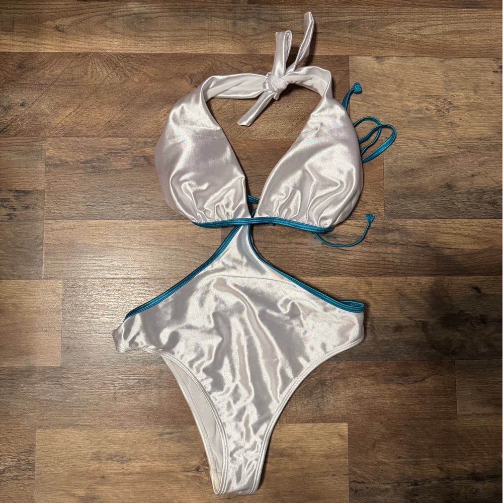 Shimmering Silver and Teal Swimsuit 2 piece